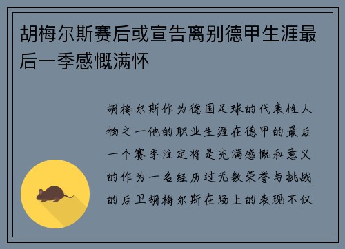胡梅尔斯赛后或宣告离别德甲生涯最后一季感慨满怀