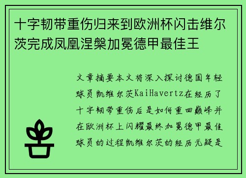 十字韧带重伤归来到欧洲杯闪击维尔茨完成凤凰涅槃加冕德甲最佳王