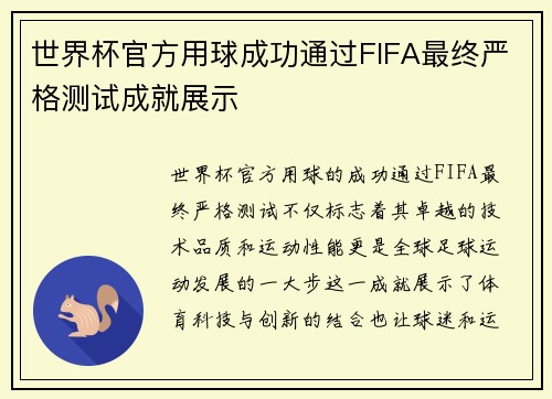 世界杯官方用球成功通过FIFA最终严格测试成就展示