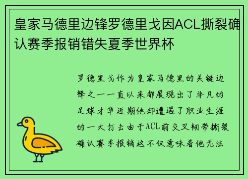 皇家马德里边锋罗德里戈因ACL撕裂确认赛季报销错失夏季世界杯